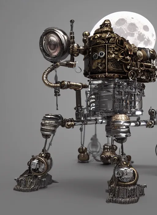 Image similar to tiny steampunk robot lunar probe, intricate detail, hyper detailed, ultra realistic, sharp focus, octane render, lantern, volumetric, ray tracing, artstation trending, moon, flowery, pocketwatch, cgsociety, sense of awe, mystical, moon, 4 k