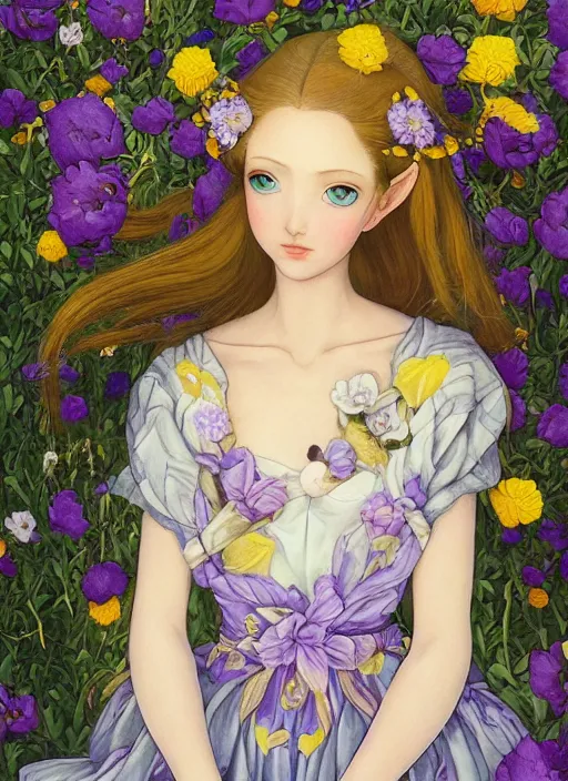 Image similar to elf girl wearing an flower suit, soft hair. light color palate, purple, yellow and white. detailed soft painting, ayami kojima, made in abyss, anatomically correct, ilya kuvshinov, inspired in balthus, high detailed face anime, vogue magazine, glorious composition, mobile wallpaper, mona lisa