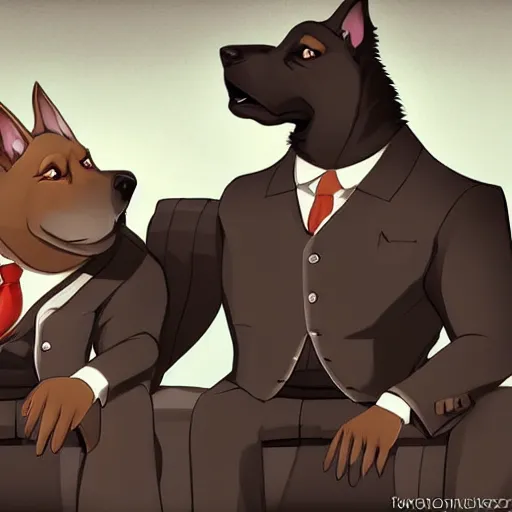 Image similar to two anthropomorphic german shepherds beast - men, they are wearing suits sitting on a couch and talking together, artstation, concept art, smooth, sharp foccus ilustration, artstation