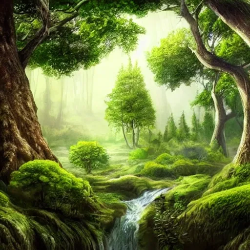 Image similar to A lush green ancient fantasy forest, with large trees and beautiful life, high details, realistic art.