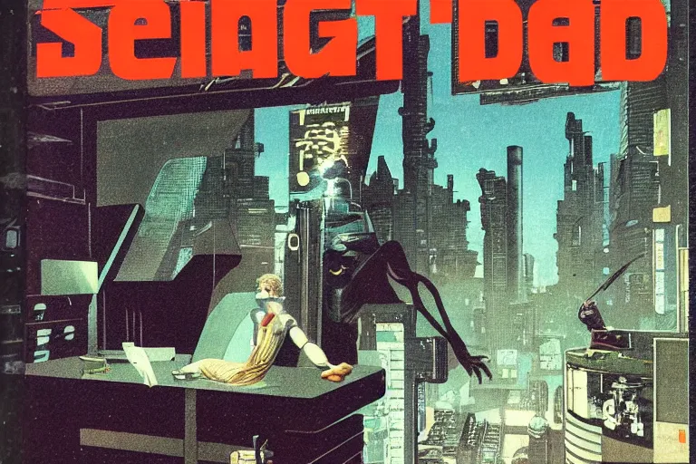 Prompt: 1979 Magazine Cover of an argonian mage sitting on a desk with a large circular window to neo-Tokyo streets behind him. in cyberpunk style by Vincent Di Fate