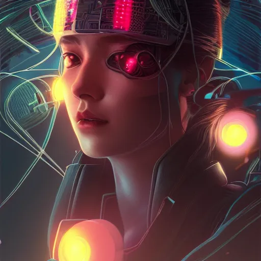 Image similar to symmetry portrait of a young female cyberpunk samurai, sci - fi, tech wear, glowing lights intricate, elegant, highly detailed, digital painting, artstation, concept art, smooth, sharp focus, illustration, art by artgerm and greg rutkowski and alphonse mucha