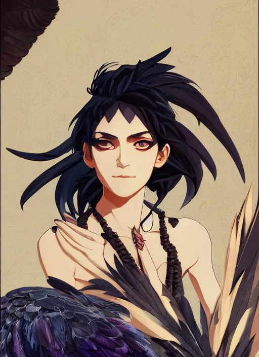 Image similar to concept art painting of a harpy with black feathers, androgynous, pirate clothes, detailed, realistic, cel shaded, in the style of makoto shinkai and james gurney and alphonse mucha and greg rutkowski and artgerm