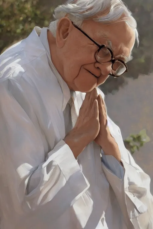 Image similar to warren buffet godly white clothes meditating in the sun, blank lighting ultra realistic photorealistic highly detailed high quality, a stunningly, digital painting, artstation, concept art, smooth, sharp focus, illustration, art by artgerm and greg rutkowski and alphonse mucha 8 k