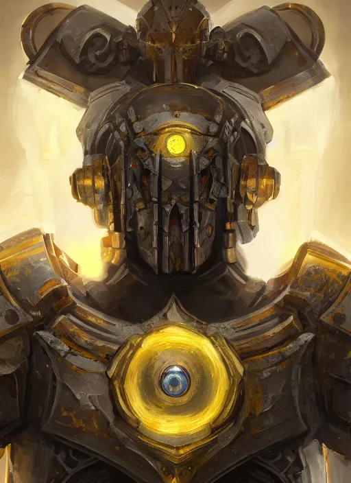 Image similar to full body, attack position abstract portrait of a intricate ornate holy mechanical warforged with circular glowing eye, character in yellow armor holding a paladin engraved great longsword drawn and carrying a big paladin shield, vertically flat head, face in focus, epic , trending on ArtStation, masterpiece, cinematic lighting, by Ross Tran and by Greg Rutkowski