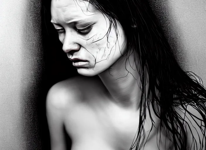 Image similar to mid shot portrait of a beautiful young woman stuck in relationship purgatory, tears, frustration, in the style of David cronenberg ,scary, weird, surprising, realistic, sharp focus, 8k high definition, medium format film photography, photo realistic, insanely detailed, intricate, elegant, art by les edwards and David kostic and stanley lau and artgerm