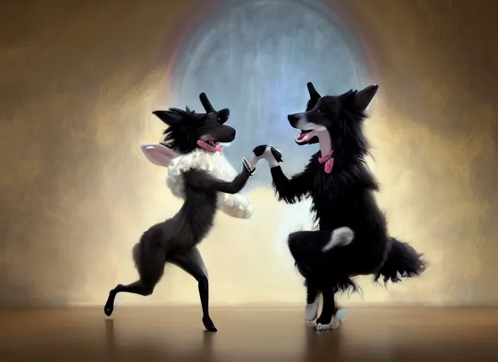 Image similar to wide shot painting of a male anthropomorphic border collie fursona dancing with a cute female anthropomorphic sheep fursona in a ballroom, beautiful, intricate, elegant, realistic proportions, highly detailed, scenic background, trending on artstation, art by charlie bowater and henry asencio and and ross tran