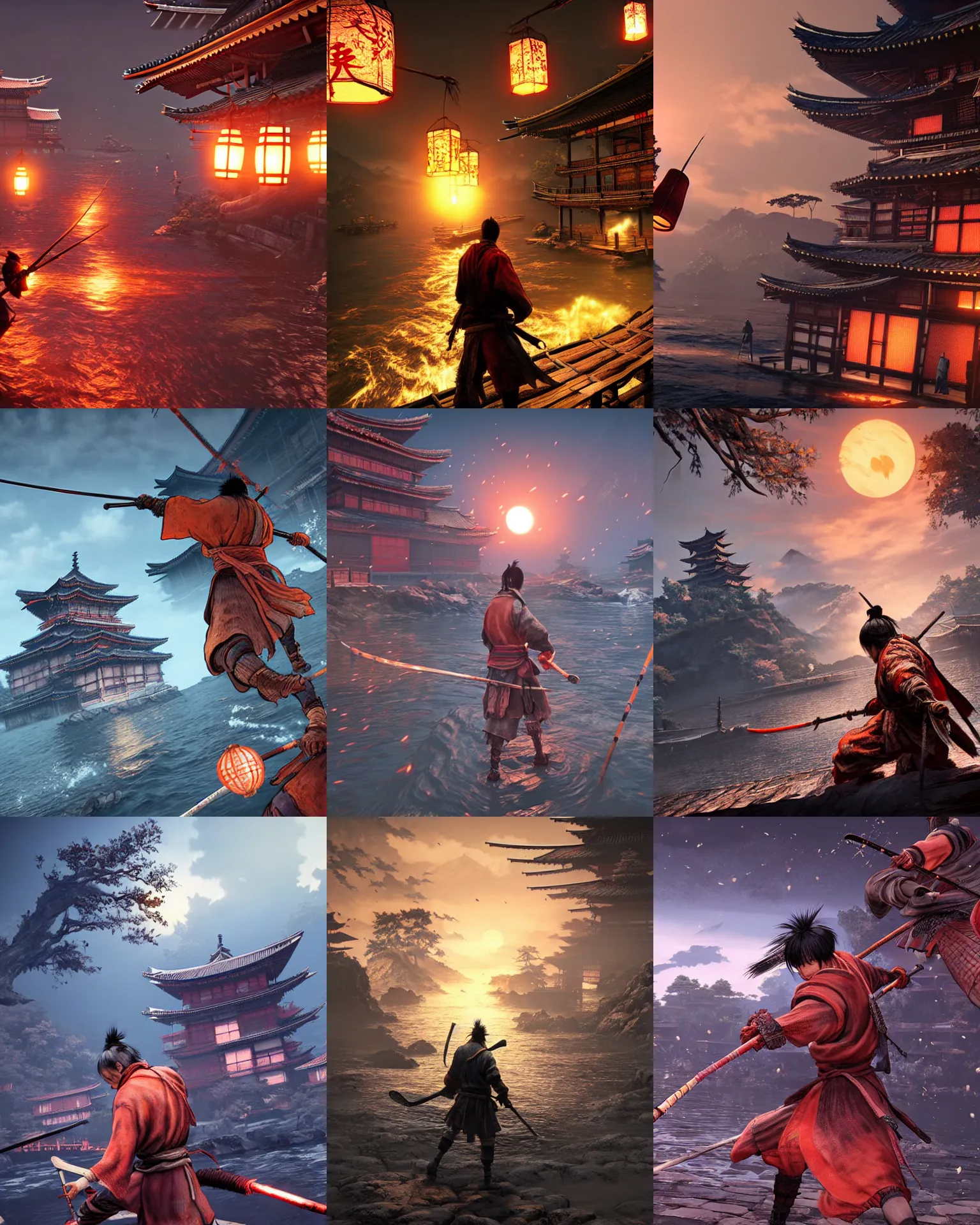 Prompt: style : sekiro. composition : long shot. key words : digital art ; detailed ; 4 k. scenery : a japanese harbor. subject : fishermen are wandering around. details : at night ; lanterns in the streets.