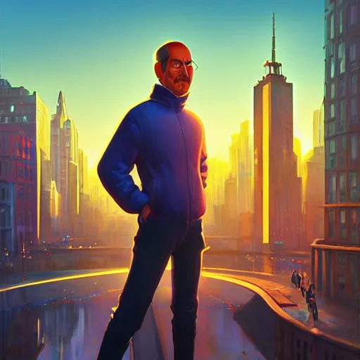 Image similar to futuristic portrait steve jobs standing cybercity, golden hour, poster by michael whelan and gilbert williams and evgeny lushpin and artgerm and alena aenami, 3 0 mm, well proportioned, highly detailed, rule of thirds, long exposure