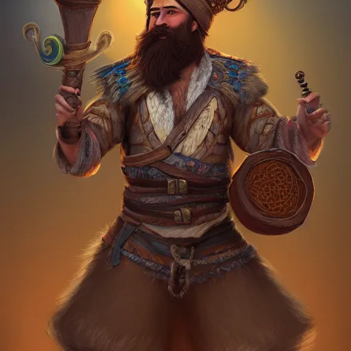 Prompt: Protean (D&D) bearded bard holding a drum, ornately dressed, standing in populated Baldur\'s Gate city square, hyperdetailed, artstation, cgsociety, 8k