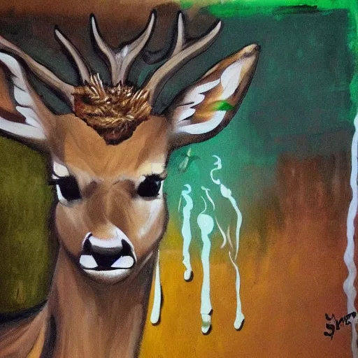 Prompt: deer smoking a cigarette, stylized, artistic, expressive, contrasting colors, brown and green, rule of thirds, dripping paint, masterful art