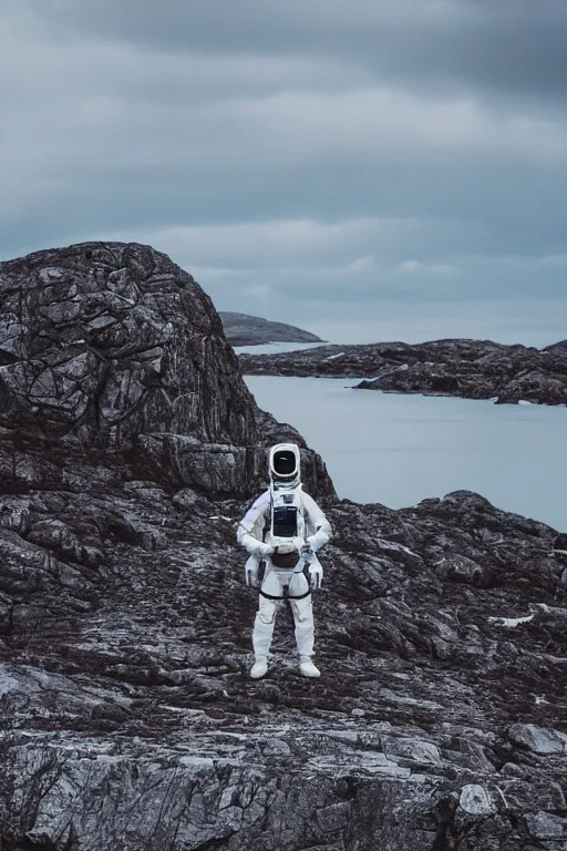 Image similar to futuristic astronaut standing in rocky landscape of Isle of Harris, Scotland, 35mm, photorealistic