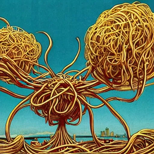 Image similar to !dream a cinematic scene of the giant smiling flying spaghetti monster going over 1969 seattle,