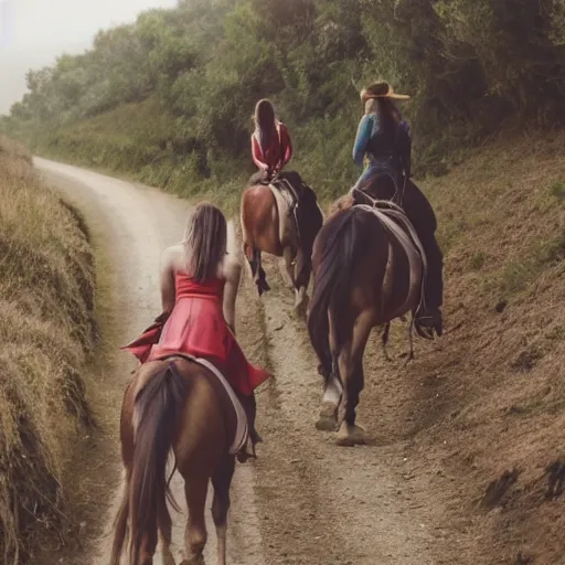 Image similar to women, riding man like a horse, on a small path in the hills