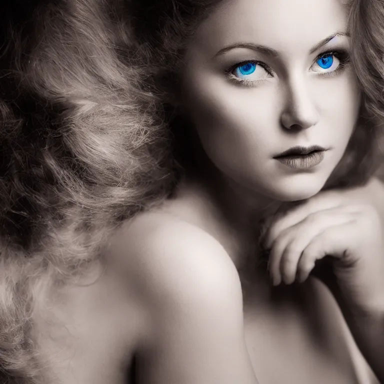Prompt: Detailed closeup vintage photo of a female model with beautiful blue eyes, studio lighting, portrait