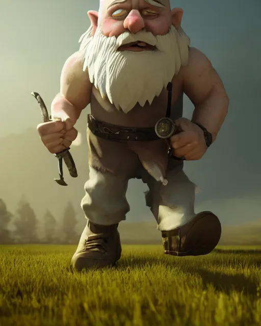 Image similar to bald gnome big white beard, dagger, bomb, running, field, angry, hyper realism, cinematic, volumetric lighting, high detail, octane render, depth of field, dnd, extremely detailed, very sharp, in the style of greg rutkowski