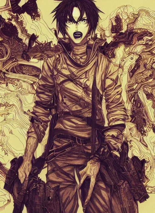 Image similar to portrait of eren yeager, an ultrafine detailed illustration by james jean, intricate linework, bright colors, final fantasy, behance contest winner, vanitas, angular, altermodern, unreal engine 5 highly rendered, global illumination, radiant light, detailed and intricate environment