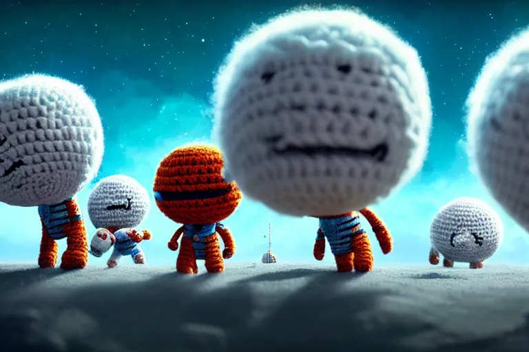 Image similar to an expedition of crochet astronauts discovering a new fluffy planet made out of yarn. cute, illustration, digital art, inspired by little big planet, by greg rutkowski, detailed, sharp, masterpiece, highly detailed, photorealistic, octane render, 8 k, unreal engine 5, trending on artstation