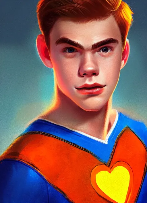 Image similar to friendly teenage archie andrews wearing an orange superhero costume with heart logo, heart, freckles, blue cape, heart emblem on chest, blue cape, intricate, elegant, glowing lights, highly detailed, digital painting, artstation, sharp focus, illustration, art by wlop, mars ravelo and greg rutkowski