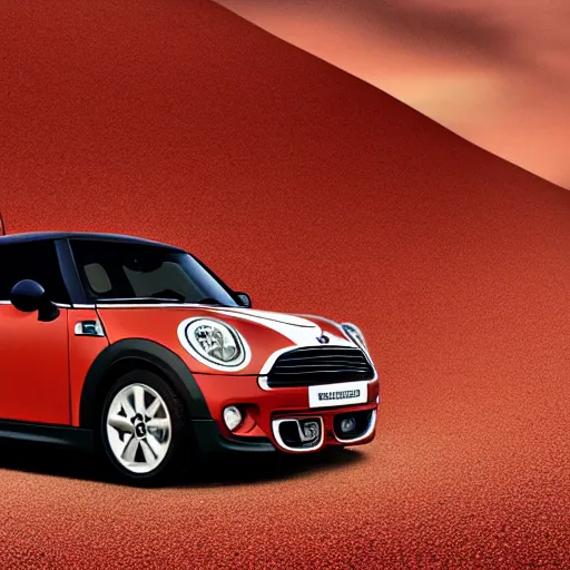 Image similar to mini cooper s, australian beach, red sand, otherworldly science fiction surrealism landscapes. waves. dust. stars. by dr seuss.