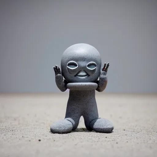 Image similar to photo of plastic painted toy figurine collectible grey moon with creepy smiling face with large craters with hands standing on legs in sneakers