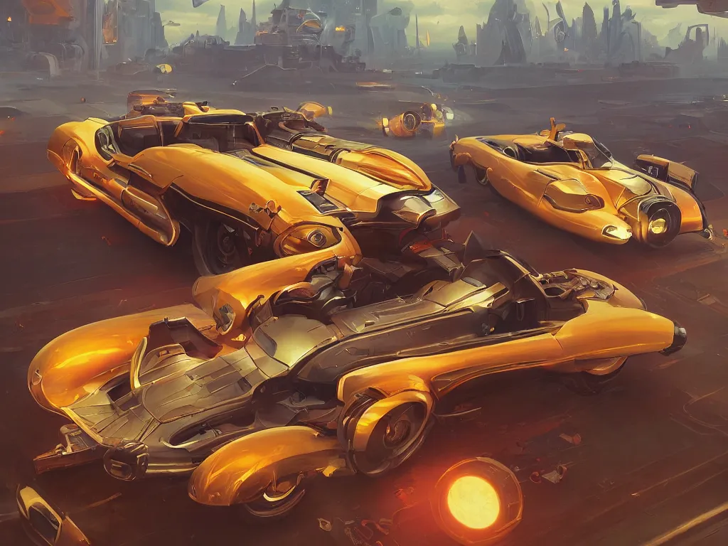 Image similar to retrofuturism 1950s style automobile, bright art masterpiece artstation. 8k, sharp high quality artwork in style of Jose Daniel Cabrera Pena and Greg Rutkowski, golden theme, concept art by Tooth Wu, blizzard warcraft artwork, hearthstone card game artwork