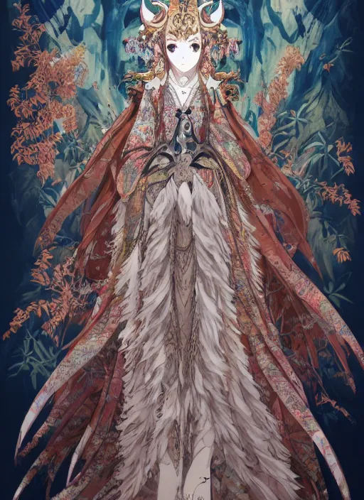 Prompt: full body portrait goddess of the owls in feathered robe, humanoid, forest ritual, throne, yoshitoshi abe, sketch, concept art, Kyoto animation,last exile, blue submarine no. 6,loish, murata range, kawaii, yoshitaka amano, studio lighting, manga, bright colors, beautiful, 28mm lens, vibrant high contrast, gradation, jean giraud, fantasy, rule of thirds, fibonacci, intricate, detailed, flat, matte print, sharp, gustav klimt, makoto shinkai, Ilya Kuvshinov, soft eyes