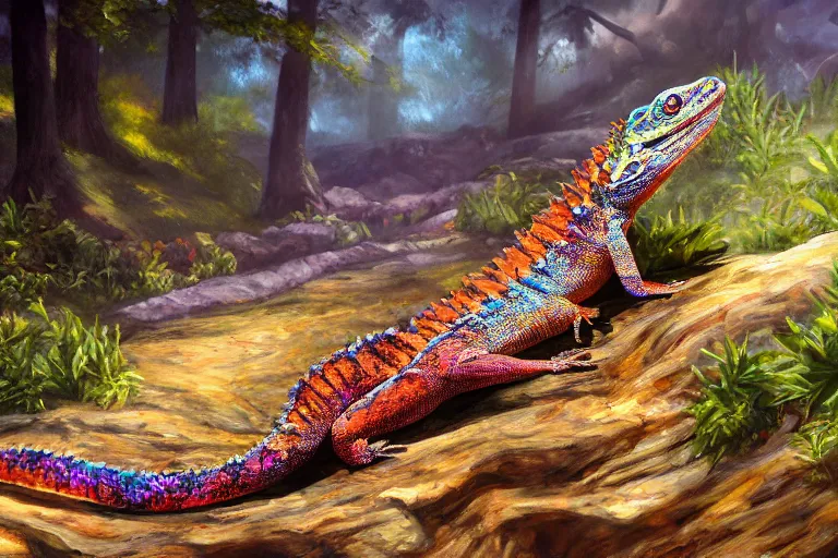 Prompt: highly detailed oil painting of a crytal lizard sitting in a steaming colorful hotspring with woodland forest backdrop, featured on artstation