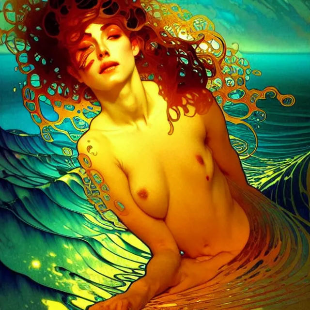 Image similar to mind bending ocean waves of glossy psychedelic liquid honey drops flowing like kaleidoscopic translucent amber, lsd waves, lsd ripples, crystal clear, backlit, sunset, refracted lighting, art by collier, albert aublet, krenz cushart, artem demura, alphonse mucha