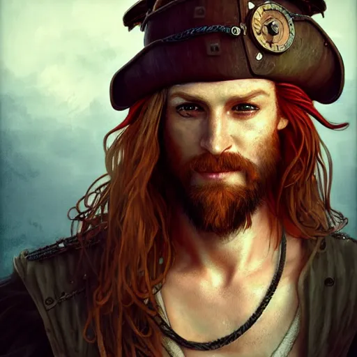 Image similar to rugged playful pirate, 3 0 years old, male, handsome, masculine, red hair, long hair, long beard, soft hair, fantasy, intricate, elegant, highly detailed, steampunk, airship, digital painting, artstation, concept art, character art, smooth, sharp focus, illustration, art by artgerm and greg rutkowski and alphonse mucha
