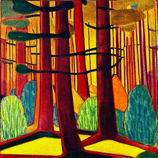 Image similar to frank lloyd wright, a busy painting of trees with a yellow background, an art deco painting by mondrian, featured on pixiv, synthetism, fauvism, creative commons attribution, academic art