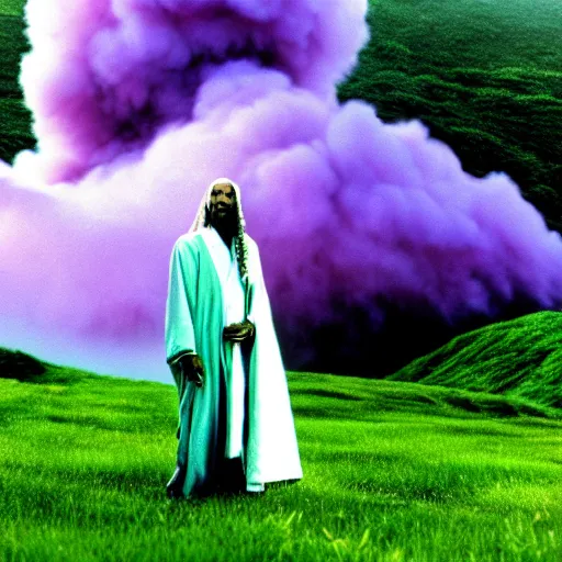 Image similar to snoop dogg as gandalf the white, exhaling a huge cloud of magical purple smoke in the vast and lush green fields! of the shire, Japanese CGI, VFX, 2003, 40mm lens, shallow depth of field, film photography, volumetric lighting