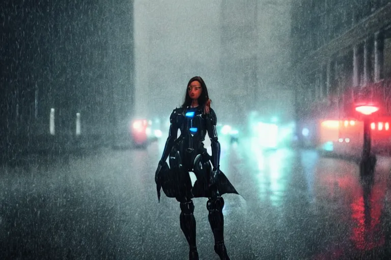 Image similar to vfx marvel sci-fi woman black super hero robot photo real full body action pose, city street cinematic lighting, rain and fog by Emmanuel Lubezki