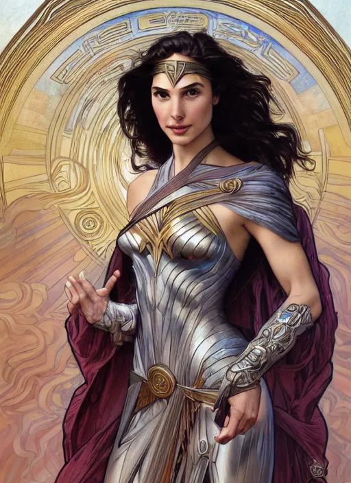 Prompt: Gal Gadot as God of Bravery, cute, fantasy, intricate, elegant, highly detailed, digital painting, 4k, HDR, concept art, smooth, sharp focus, illustration, art by alphonse mucha,artgerm, H R Giger