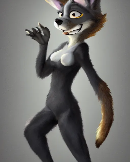 Image similar to full body oil painting of anthromorphic furry female wolf, in style of zootopia, female fursona, furry, furaffinity, 4 k, deviantart, furry art, fursona art, wearing black business suit, wearing black business suit, wolf fursona, female, very expressive detailed feminine face,