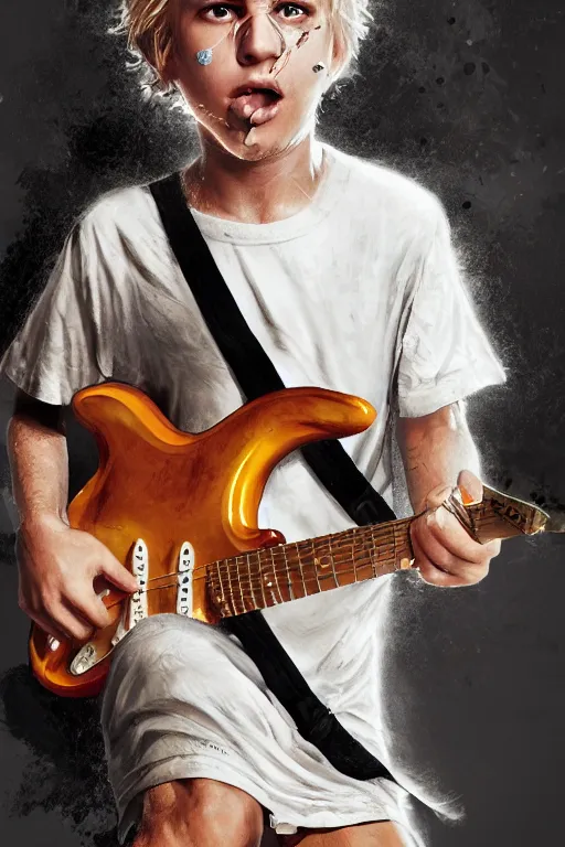 Image similar to blonde wild hair boy playing fender stratocaster, black eye - patch, close - up portrait, plain white tshirt, powerfull, intricate, elegant, volumetric lighting, scenery, digital painting, highly detailed, artstation, sharp focus, illustration, concept art, steve mccurry