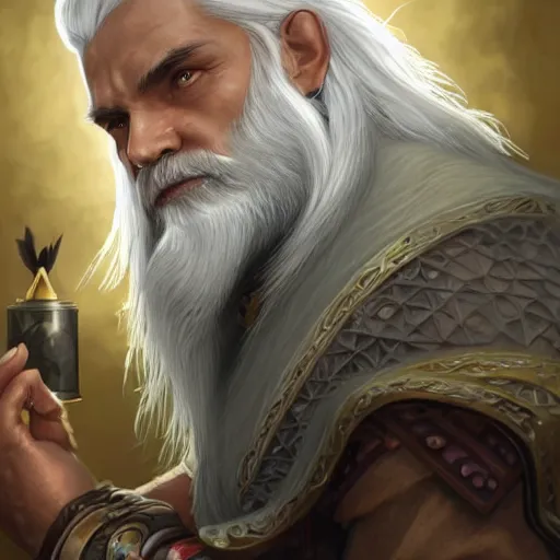 Image similar to a man with white hair and beard, wearing nomadic clothing holding a soul jar portrait, backlight, rim lighting, deep focus, d & d, fantasy, intricate, elegant, highly detailed, digital painting, artstation, concept art, matte, centered, sharp focus, illustration, hearthstone, art by artgerm, greg rutkowski and alphonse mucha