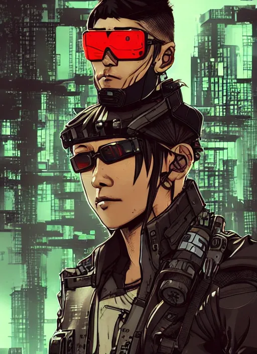 Image similar to Dangerous Hiro. buff Japanese cyberpunk mercenary wearing a cyberpunk tactical headset and military vest. square face. Realistic Proportions. Concept art by James Gurney and Laurie Greasley. Moody Industrial skyline. ArtstationHQ. Creative character design for cyberpunk 2077.