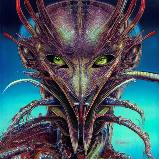 Prompt: a simple centered portrait of a predatory alien species. an award winning yoshitaka amano digital art poster color painting. a masterpiece by james gurney. poster colour on canvas.