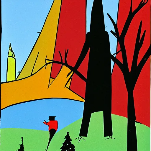 Prompt: a landscape and two silhouettes by tomi hungerer, illustration