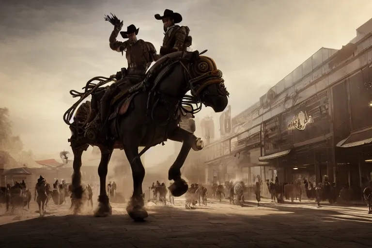 Prompt: photo from behind of a cowboy, riding a steampunk horse, on a futuristic shopping mall, cinematic lightning, ray tracing, unreal engine 5, photorealistic, 8 k, uhd, 4 k, ghost recon breakpoint game concept, extremely detailed, beautiful, elegant, intricate, foggy, in - game footage