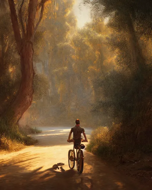 Image similar to a painting of a person riding a bike down a dirt road, a detailed matte painting by julian onderdonk, cgsociety, photorealism, reimagined by industrial light and magic, unreal engine 5, unreal engine