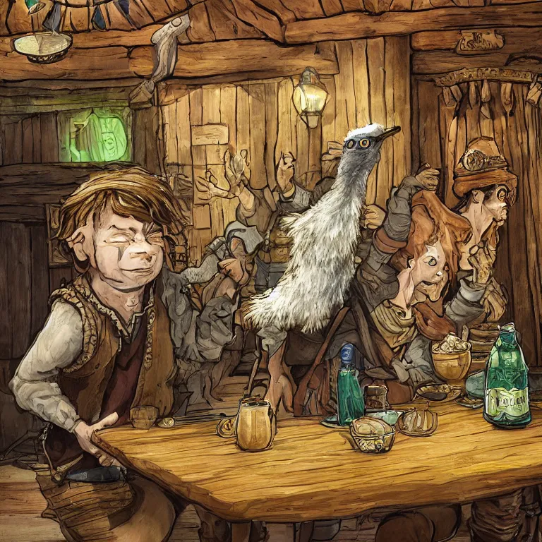 Image similar to a single emu in a halfling tavern, fantasy rpg book illustration