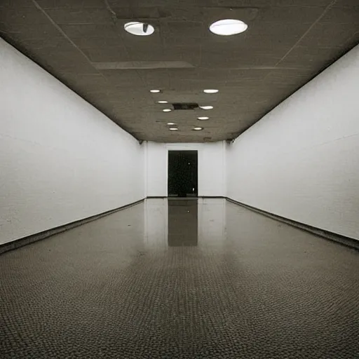 Image similar to A long, dark hall; the floor is made of white tiles. The ceiling has a small circular hole in it with faintly glowing stars visible through it at night time. There are no windows or other exits.