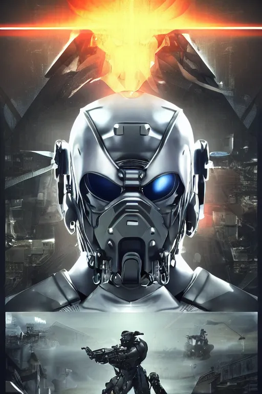 Image similar to cyber cyborg ninja mask helmet metal gear solid artic suit swat commando, global illumination ray tracing hdr fanart arstation by sung choi and eric pfeiffer and gabriel garza and casper konefal, a spectacular view cinematic rays of sunlight comic book illustration, by john kirby