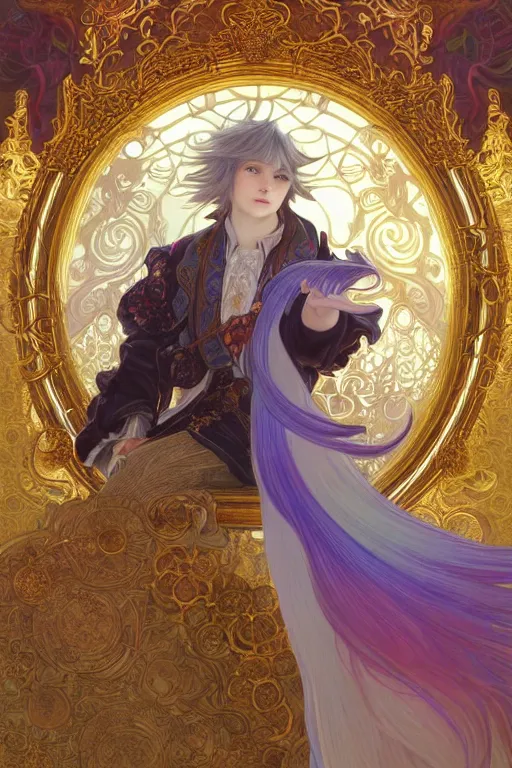 Image similar to fullbody portrait of a young hero with strange hairs, soft smile, baroque cloth, luminous scene, final fantasy and legue of legends champion, by chengwei pan and alpfons mucha, gradient white to gold, in front of an iridescent magical building background, highly detailed portrait, digital painting, smooth, focus illustration