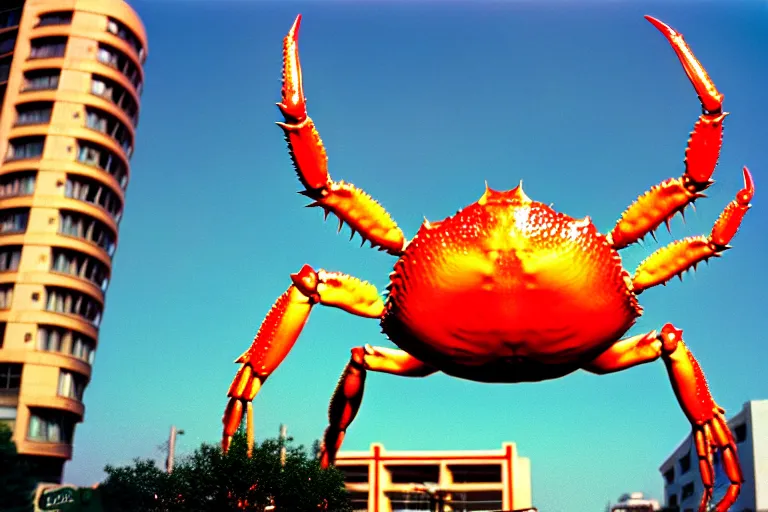 Image similar to 2 0 1 5 giant crab terrorizing a city, googie architecture, americana, fishcore, exterior photography, hd 8 k, photography cinestill