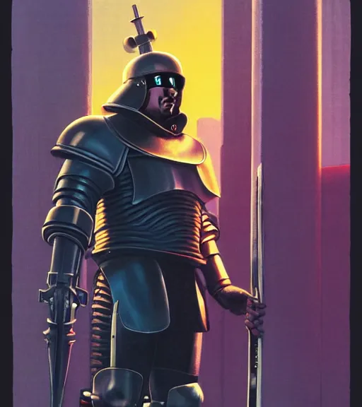 Image similar to a tall and fat cyberpunk paladin in rounded heavy plate armor wearing a crusaders helmet he is holding a large long sword in a cyberpunk setting, 1 9 7 9 omni magazine cover, style by vincent di fate, artgerm, cyberpunk 2 0 7 7, very coherent, detailed, 4 k resolution, unreal engine, daz