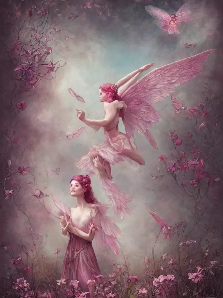 Image similar to one pink fairy with large wings exploring her lonely flower garden by herself in the style of tom bagshaw, extremely detailed, muted colors