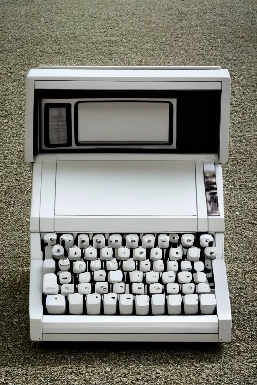 Prompt: a 1984 computer outside, In the style of John Baldessari.